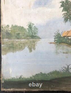 Ancient Oil Painting On Canvas Landscape House Lake Sky River Trees 19th Century