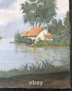 Ancient Oil Painting On Canvas Landscape House Lake Sky River Trees 19th Century