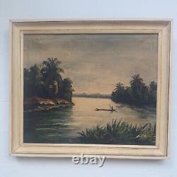 Ancient Oil Painting On Canvas Landscape Of Africa Signed