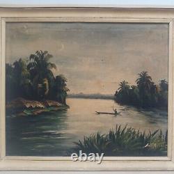 Ancient Oil Painting On Canvas Landscape Of Africa Signed