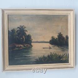 Ancient Oil Painting On Canvas Landscape Of Africa Signed