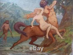 Ancient Oil Painting On Canvas Mythological Scene Nymphe And Satyre