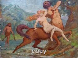 Ancient Oil Painting On Canvas Mythological Scene Nymphe And Satyre