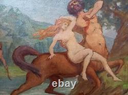 Ancient Oil Painting On Canvas Mythological Scene Nymphe And Satyre