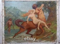 Ancient Oil Painting On Canvas Mythological Scene Nymphe And Satyre