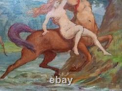 Ancient Oil Painting On Canvas Mythological Scene Nymphe And Satyre