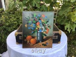 Ancient Oil Painting On Canvas Oranges And Nuts Superb Dead Nature Signed Tanguy