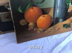 Ancient Oil Painting On Canvas Oranges And Nuts Superb Dead Nature Signed Tanguy