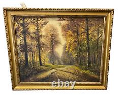 Ancient Oil Painting On Canvas Original Sign Box Landscape Forest