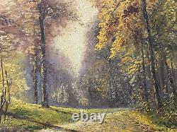 Ancient Oil Painting On Canvas Original Sign Box Landscape Forest