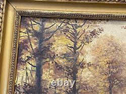 Ancient Oil Painting On Canvas Original Sign Box Landscape Forest