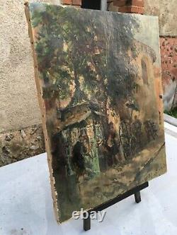 Ancient Oil Painting On Canvas Scene De Rue Signe Cini