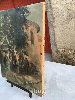 Ancient Oil Painting On Canvas Scene De Rue Signe Cini