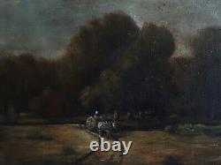 Ancient Oil Painting On Canvas Stormy Landscape Cart 19th