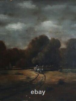 Ancient Oil Painting On Canvas Stormy Landscape Cart 19th