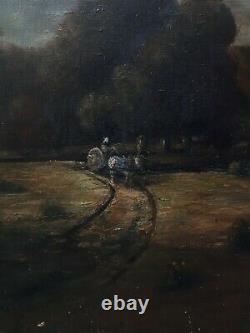 Ancient Oil Painting On Canvas Stormy Landscape Cart 19th