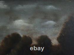 Ancient Oil Painting On Canvas Stormy Landscape Cart 19th