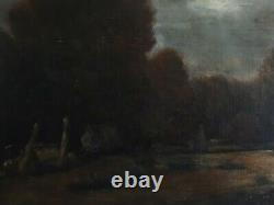 Ancient Oil Painting On Canvas Stormy Landscape Cart 19th