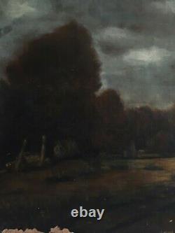 Ancient Oil Painting On Canvas Stormy Landscape Cart 19th