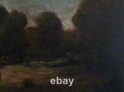 Ancient Oil Painting On Canvas Stormy Landscape Cart 19th