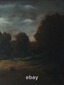 Ancient Oil Painting On Canvas Stormy Landscape Cart 19th