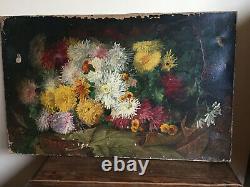 Ancient Oil Painting On Canvas Vivien (19th-s) Still Life With Flowers