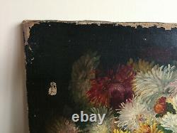 Ancient Oil Painting On Canvas Vivien (19th-s) Still Life With Flowers