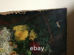 Ancient Oil Painting On Canvas Vivien (19th-s) Still Life With Flowers