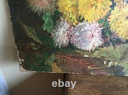 Ancient Oil Painting On Canvas Vivien (19th-s) Still Life With Flowers