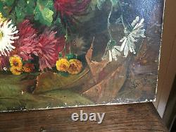 Ancient Oil Painting On Canvas Vivien (19th-s) Still Life With Flowers