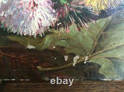 Ancient Oil Painting On Canvas Vivien (19th-s) Still Life With Flowers