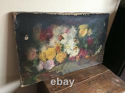 Ancient Oil Painting On Canvas Vivien (19th-s) Still Life With Flowers