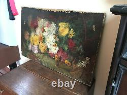 Ancient Oil Painting On Canvas Vivien (19th-s) Still Life With Flowers