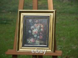 Ancient Oil Painting On Panel Bouquet Of Flowers Signed Brunel