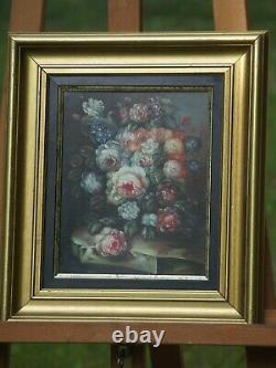 Ancient Oil Painting On Panel Bouquet Of Flowers Signed Brunel