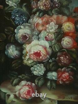 Ancient Oil Painting On Panel Bouquet Of Flowers Signed Brunel