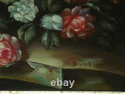 Ancient Oil Painting On Panel Bouquet Of Flowers Signed Brunel