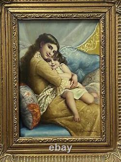 Ancient Oil Painting On Panel Portrait Mother And Girl After Émile Munier