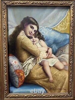 Ancient Oil Painting On Panel Portrait Mother And Girl After Émile Munier