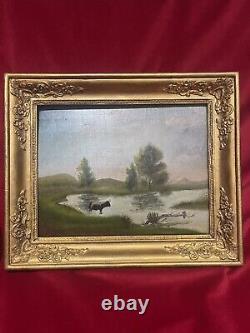 Ancient Oil Painting On Panel XIX Eme Vache At The Edge D A Lake