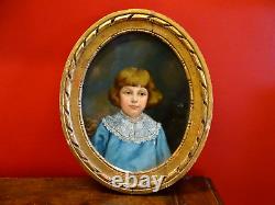 Ancient Oil Painting On Panel Xixth Portrait Of Child Lace Col
