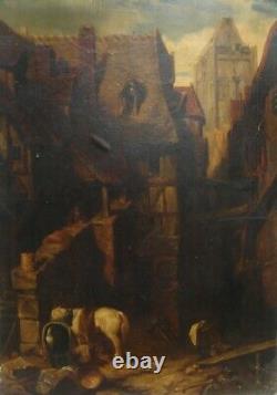 Ancient Oil Painting On Paper- Street Scene With Animals- Xixth