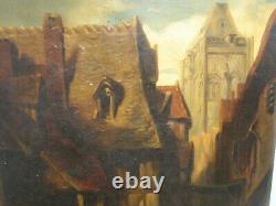 Ancient Oil Painting On Paper- Street Scene With Animals- Xixth