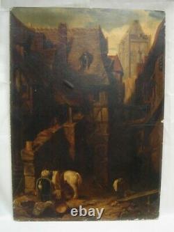 Ancient Oil Painting On Paper- Street Scene With Animals- Xixth