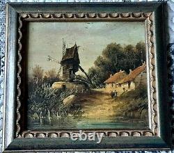 Ancient Oil Painting On Wood Panel Landscape And MILL Dutch School 19th