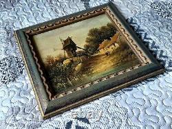 Ancient Oil Painting On Wood Panel Landscape And MILL Dutch School 19th