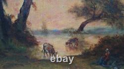 Ancient Oil Painting Table Barbizon School Cow Forest Theodore Rousseau