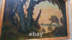 Ancient Oil Painting Table Barbizon School Cow Forest Theodore Rousseau