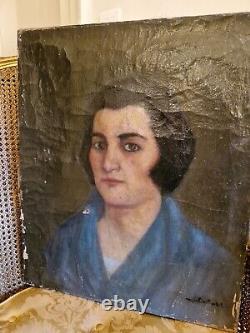 Ancient Oil Painting on Canvas Depicting a Signed Portrait of a Woman