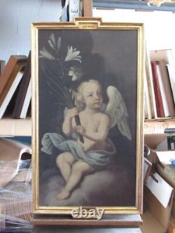 Ancient Oil Painting on Canvas Putto Angel with Lily Golden Frame 19th Century